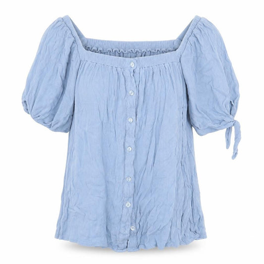 Front view of New Look women’s blue viscose basic blouse, size UK 8, square neck - tie sleeve detail