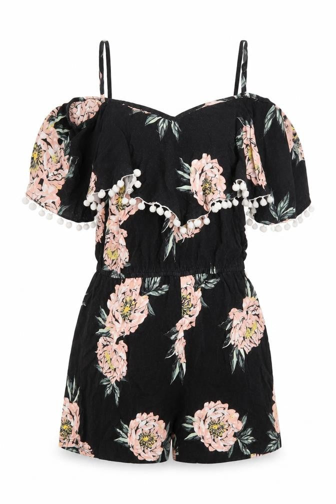 Front view of Select women’s black floral viscose playsuit one-piece, size UK 8, pullover
