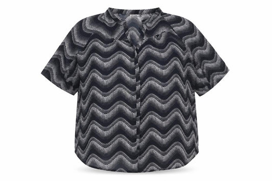 Front view of Arista women’s blue geometric polyester basic button-up, size UK 18, v-neck