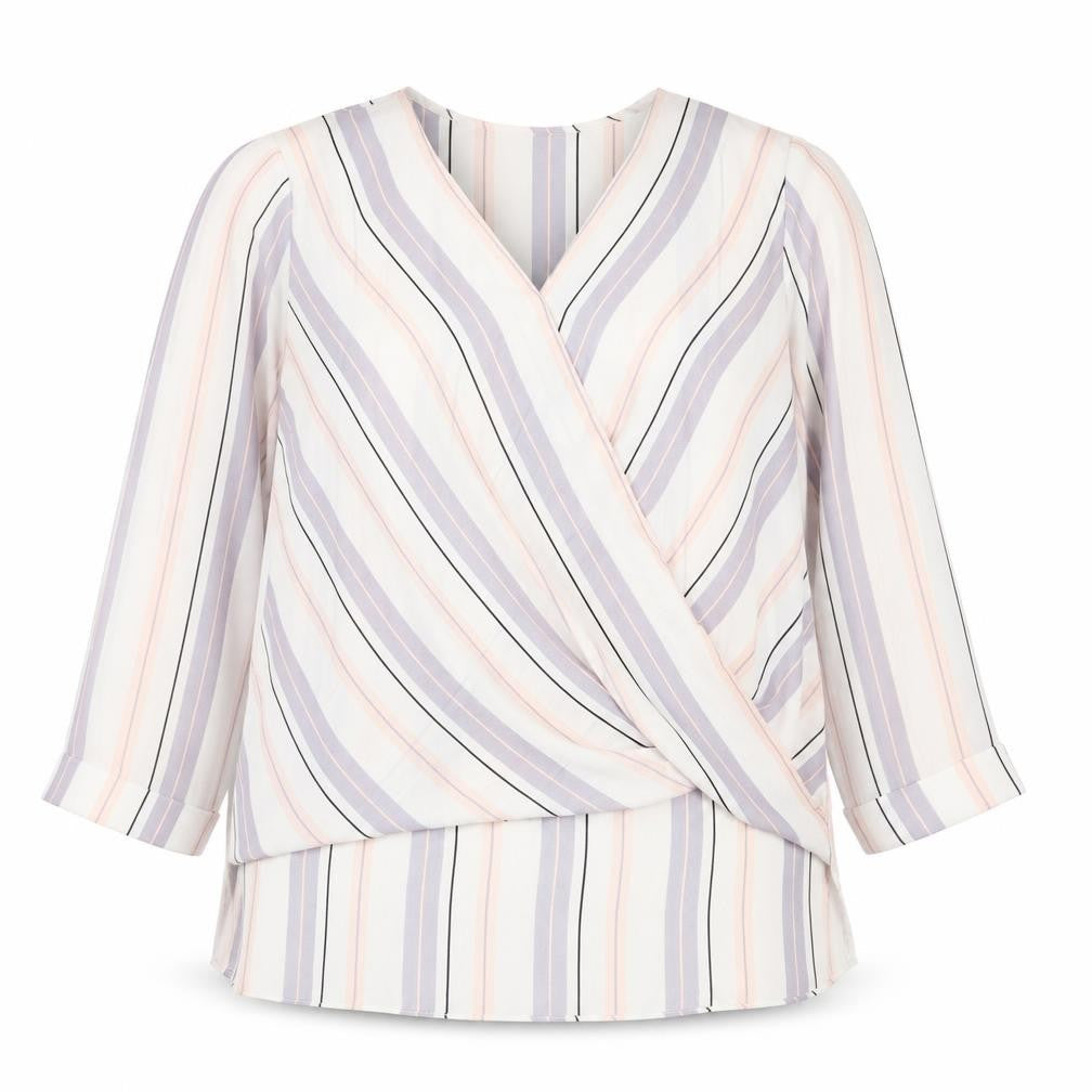 Front view of Atmosphere women’s multicoloured striped polyester basic blouse, size UK 10, v-neck