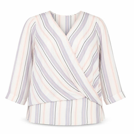 Front view of Atmosphere women’s multicoloured striped polyester basic blouse, size UK 10, v-neck