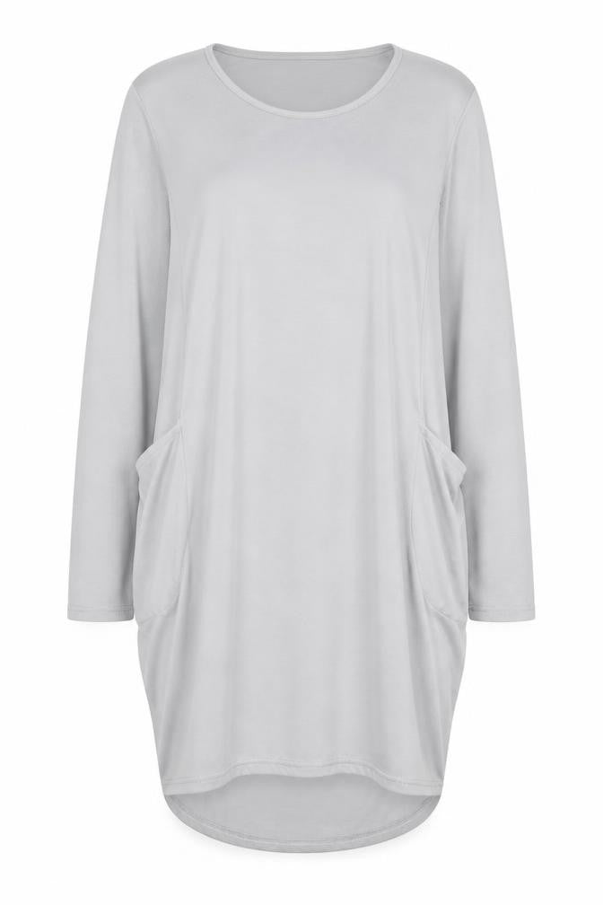 Front view of women’s grey polyester sheath, size XL, round neck pullover