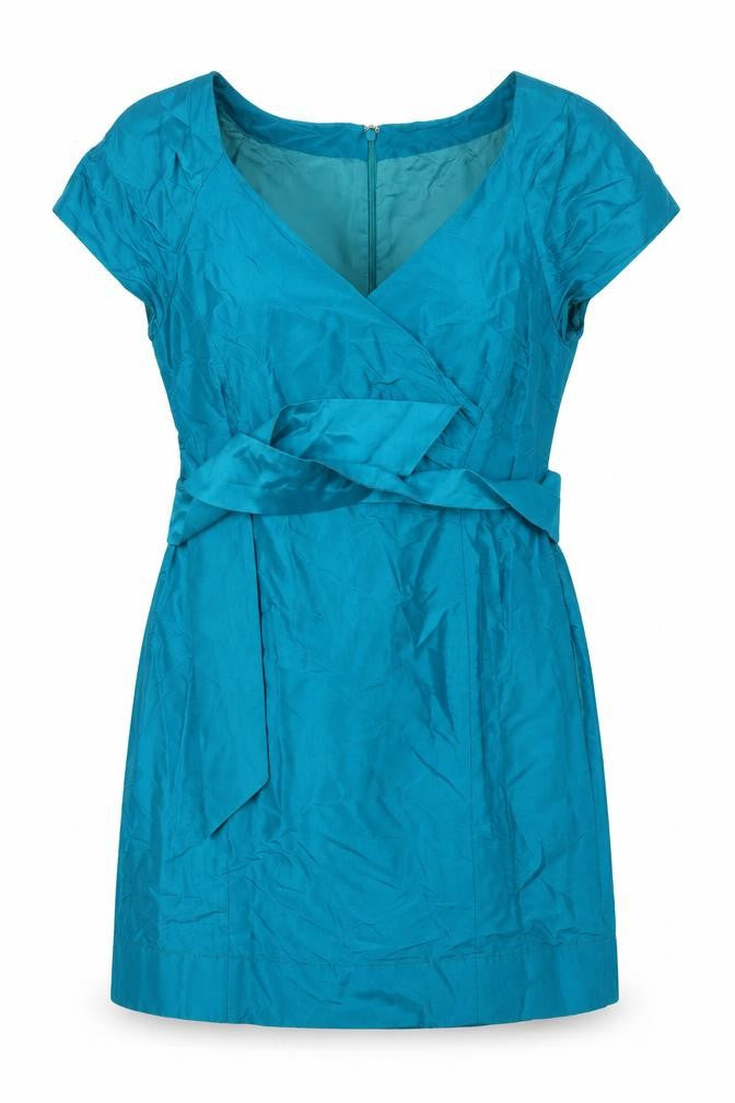 Front view of Coast women’s green silk a-line, size UK 12, v-neck zip