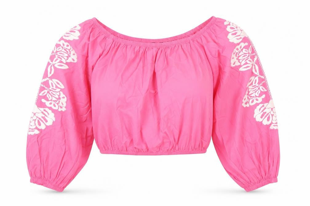 Front view of Marks & Spencer women’s pink 100% cotton basic blouse, size UK 14, off the shoulder