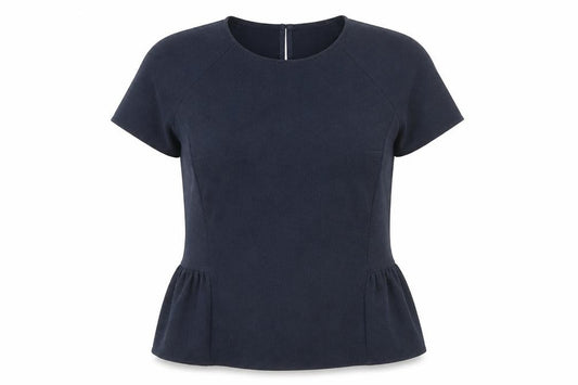 Front view of Definitions women’s blue polyester basic blouse, size UK 12, round neck