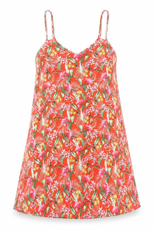 Front view of F&F women’s red floral viscose a-line, size S, scoop neck tie