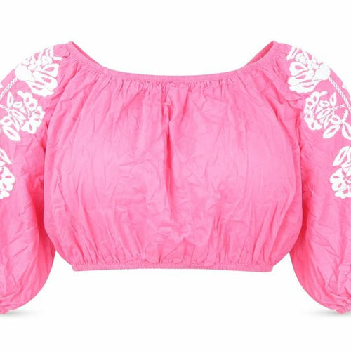 Marks and Spencer Womens Pink 100% Cotton Cropped Blouse Size 18 Boat Neck - Flower Detail
