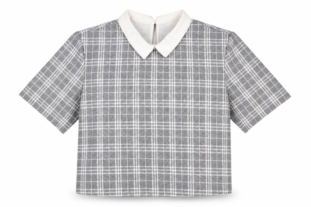 Front view of Padini women’s grey plaid polyester cropped t-shirt, size M, collared