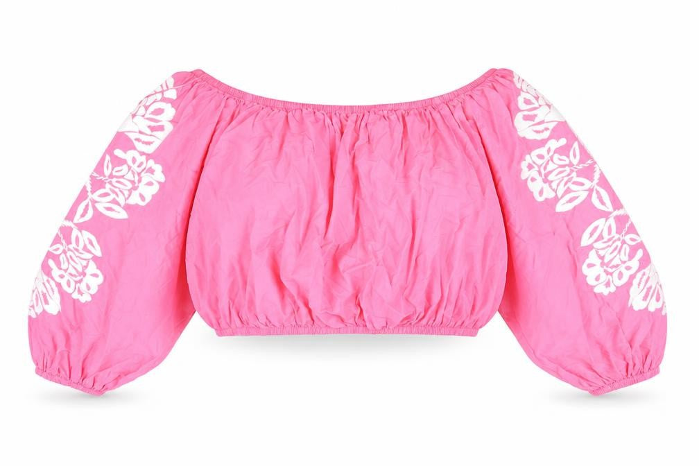 Marks and Spencer Womens Pink 100% Cotton Cropped Blouse Size 20 Boat Neck - Flower Detail