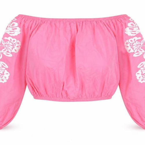 Marks and Spencer Womens Pink 100% Cotton Cropped Blouse Size 16 Boat Neck - Flower Detail