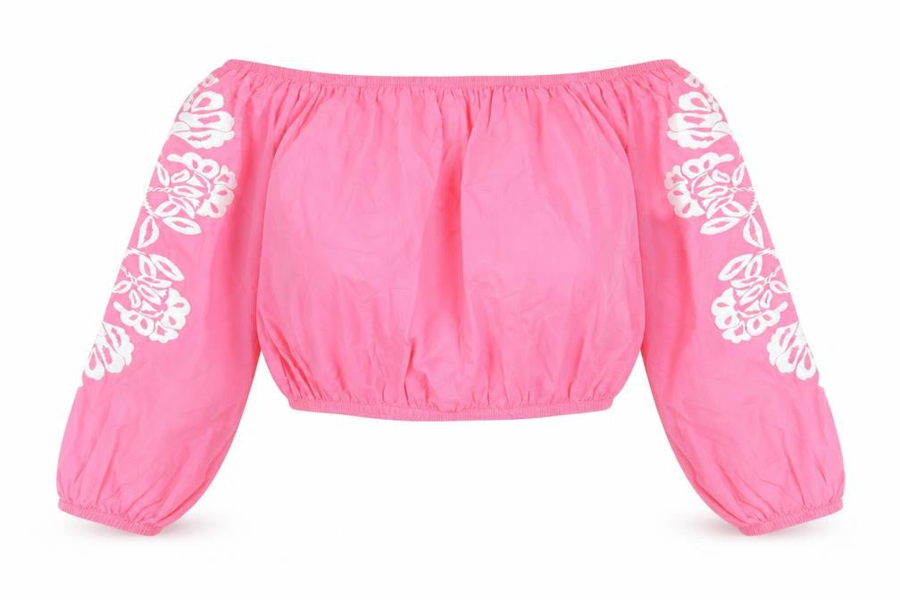 Marks and Spencer Womens Pink 100% Cotton Cropped Blouse Size 16 Boat Neck - Flower Detail