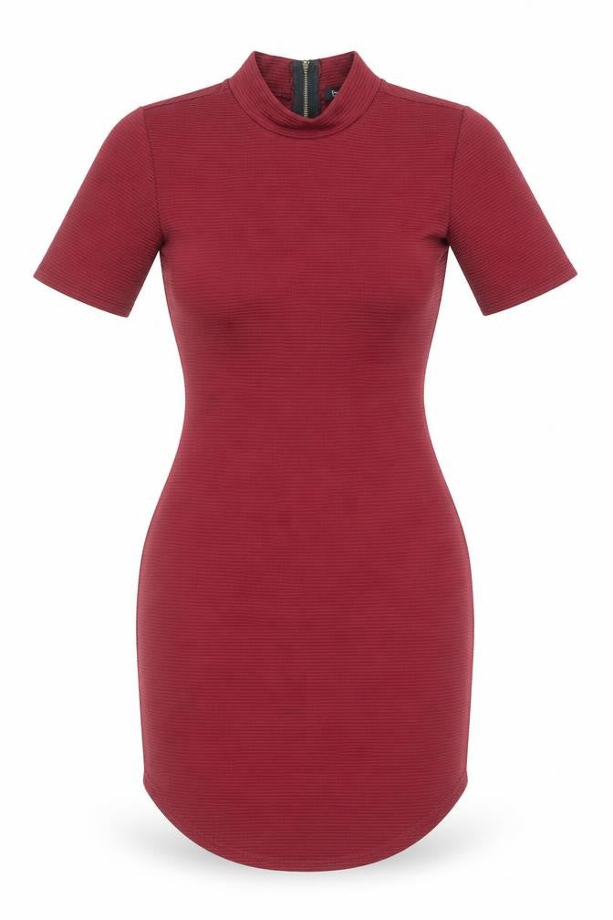 Front view of Boohoo women’s red polyester bodycon, size UK 8, mock neck zip