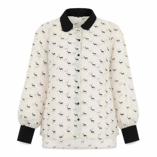 Front view of Papaya women’s beige geometric polyester basic button-up, size UK 10, collared - deer print
