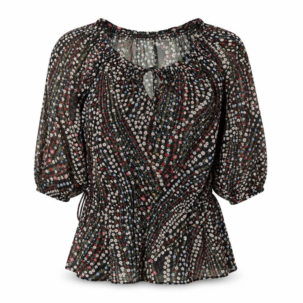 Front view of et vous women’s black floral polyester basic blouse, size UK 10, scoop neck - tie neck