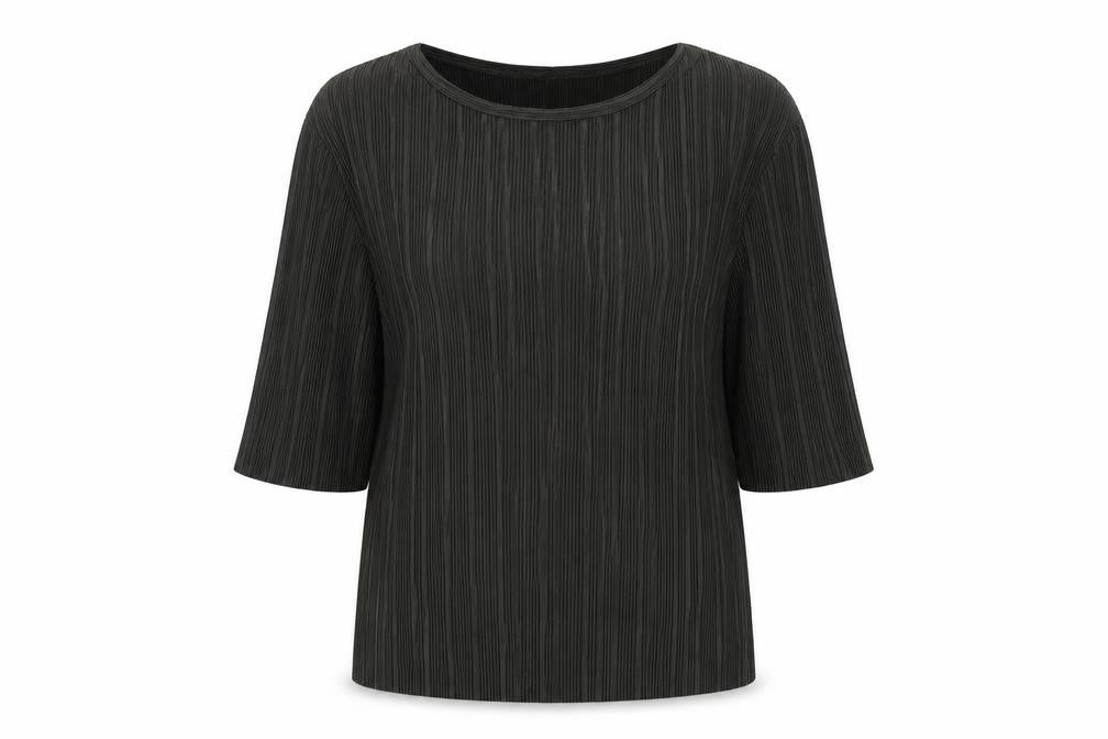 Front view of Atmosphere women’s green polyester basic t-shirt, size UK 6, round neck - plisse