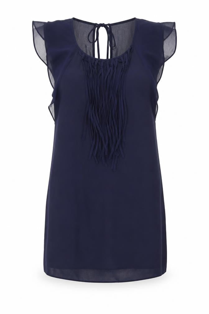 Front view of Warehouse women’s blue bamboo shift, size UK 10, round neck tie