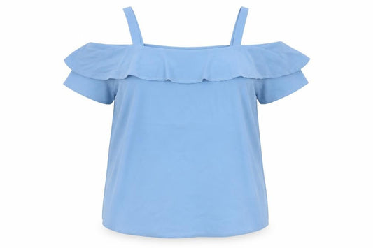 Front view of Studio women’s blue polyester basic blouse, size UK 16, off the shoulder