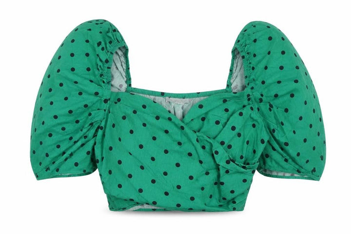 Pull&Bear Womens Green Polka Dot Cotton Cropped Blouse Size M Sweetheart