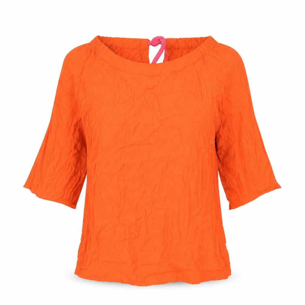 Front view of Oui women’s orange viscose basic blouse, size UK 12, off the shoulder