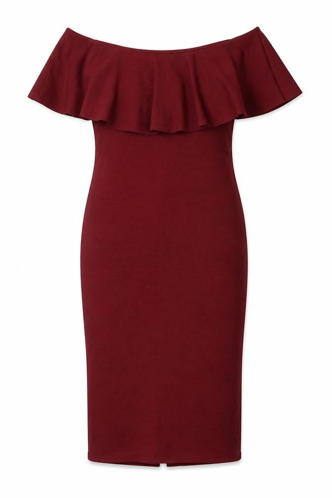 Front view of PRETTYLITTLETHING women’s red polyester pencil dress, size UK 8, off the shoulder pullover