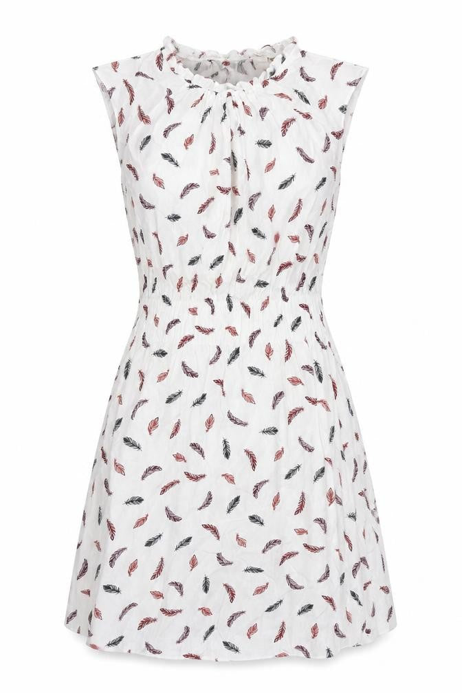 Front view of H&M women’s white geometric viscose fit & flare, size UK 6, round neck button - feather print