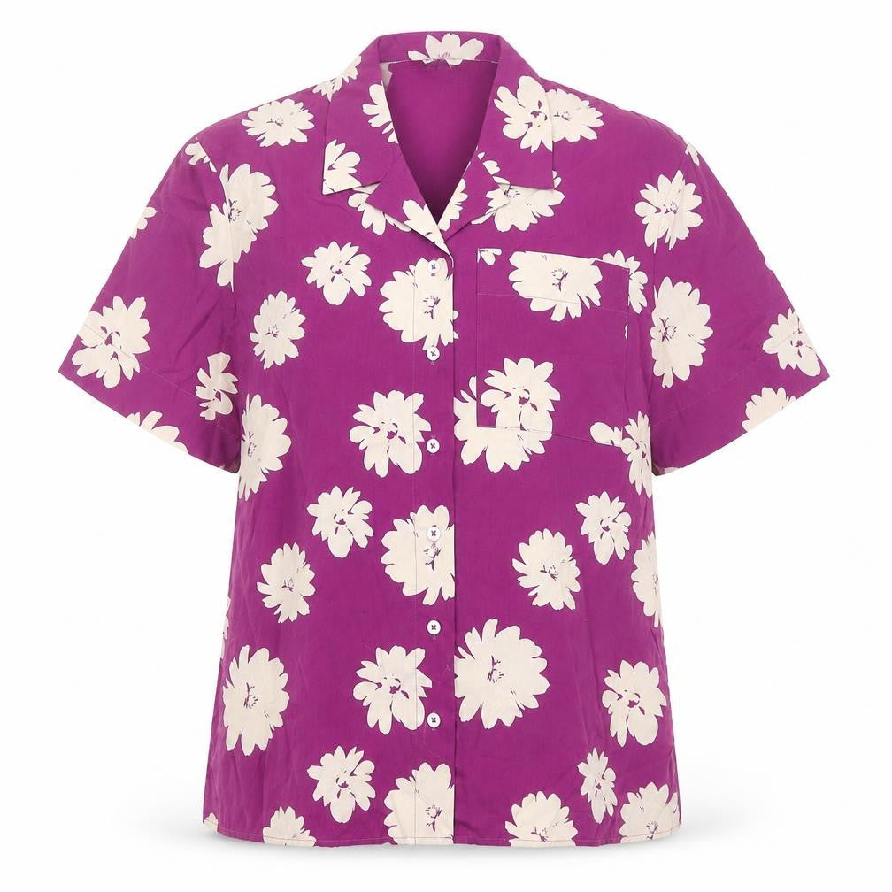 Front view of Marks & Spencer women’s purple floral cotton basic button-up, size UK 10, collared