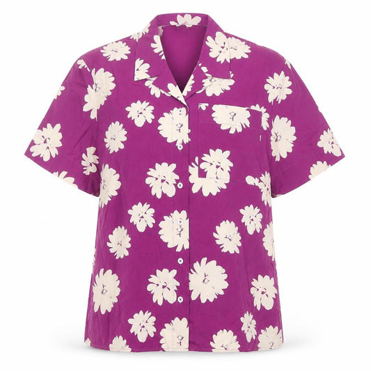 Front view of Marks & Spencer women’s purple floral cotton basic button-up, size UK 10, collared