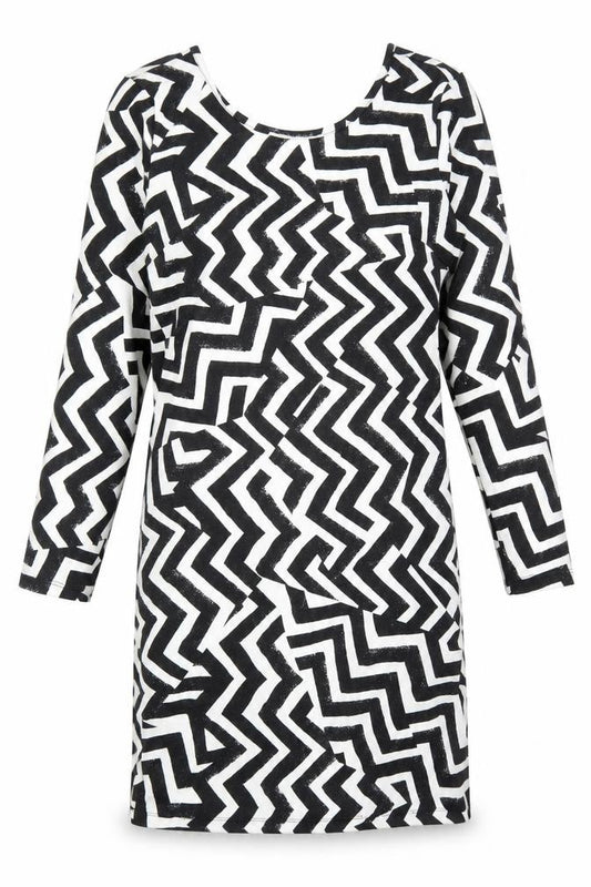 Front view of H&M women’s black geometric polyester shift, size S, scoop neck pullover