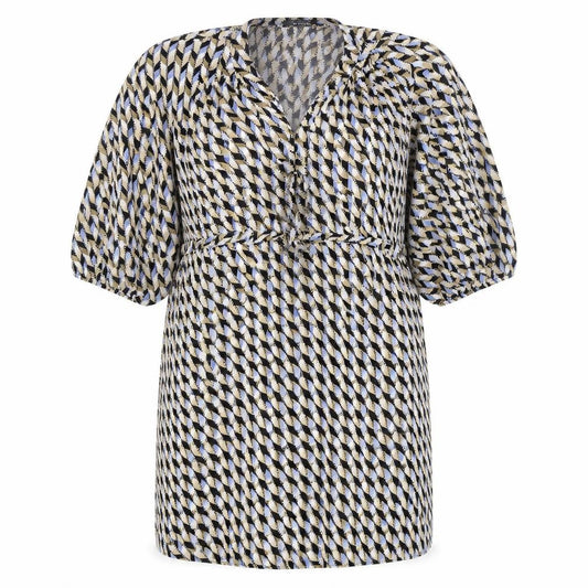 Front view of Primark women’s multicoloured geometric polyester sheath, size UK 10, v-neck pullover