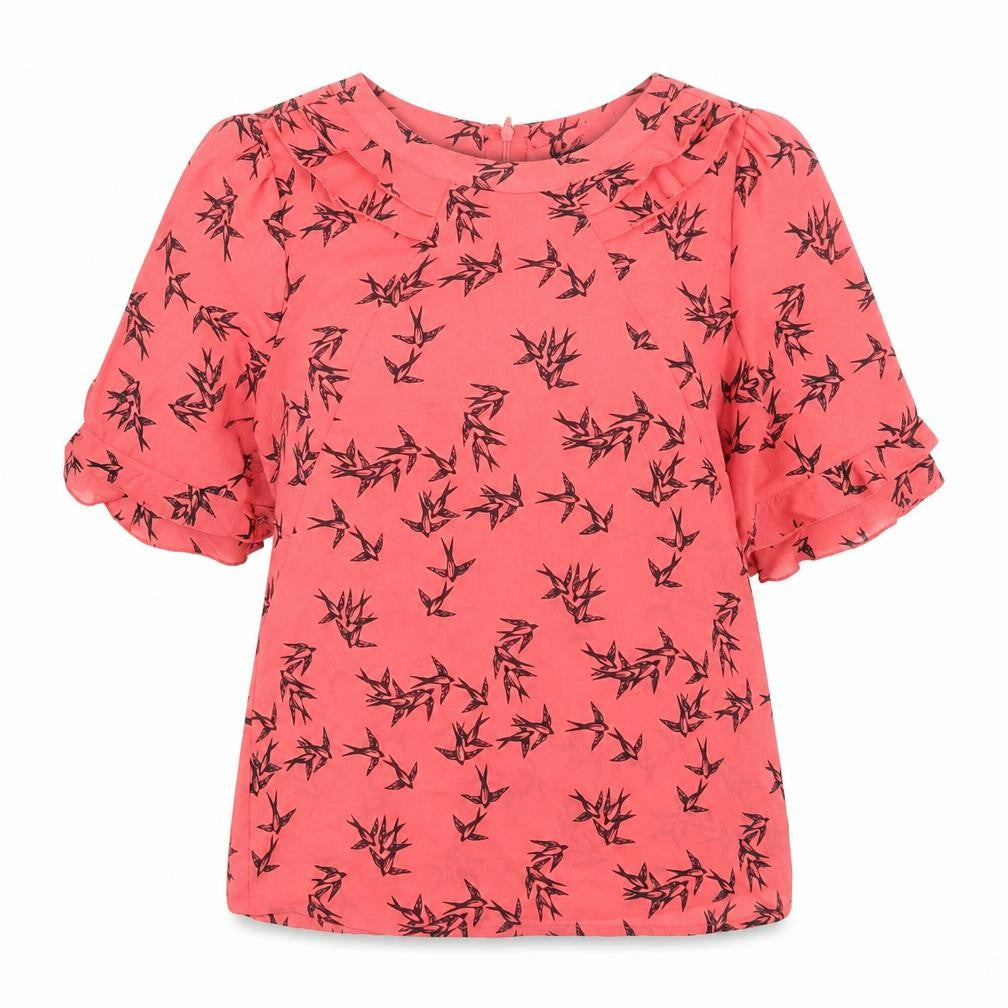 Front view of Oasis women’s pink geometric polyester basic t-shirt, size UK 8, round neck - bird