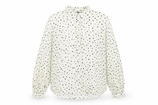 Front view of Marks & Spencer women’s ivory geometric viscose basic button-up, size UK 14, collared