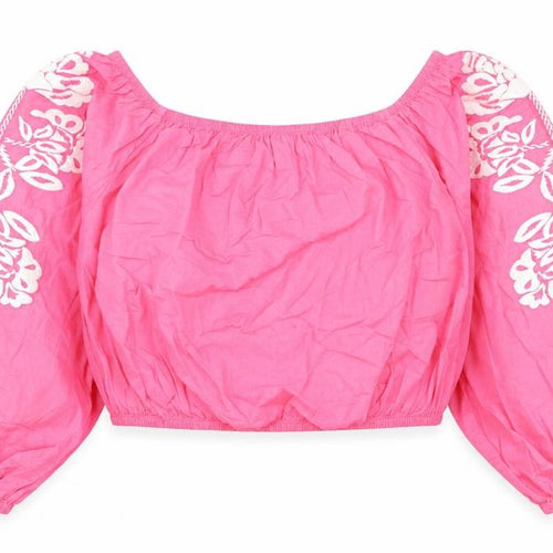 Marks and Spencer Womens Pink Cotton Cropped Blouse Size 14 Boat Neck - Flower Detail
