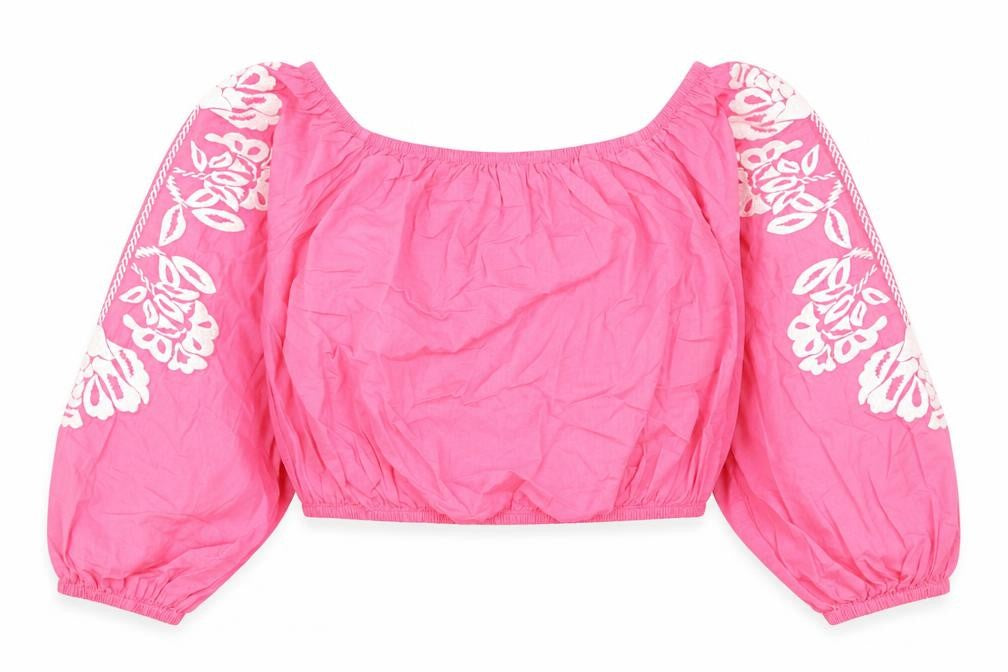 Marks and Spencer Womens Pink Cotton Cropped Blouse Size 14 Boat Neck - Flower Detail