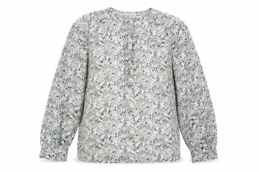 Front view of H&M women’s green floral polyester basic blouse, size S, round neck