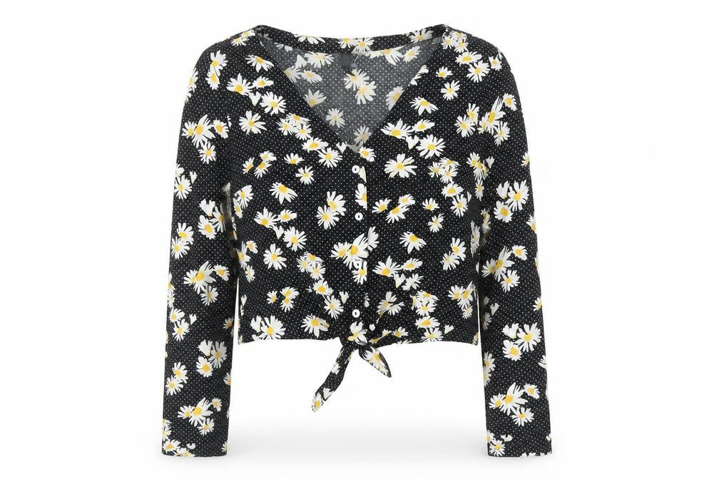 Front view of H&M women’s black floral viscose cropped button-up, size UK 10, v-neck - knot front