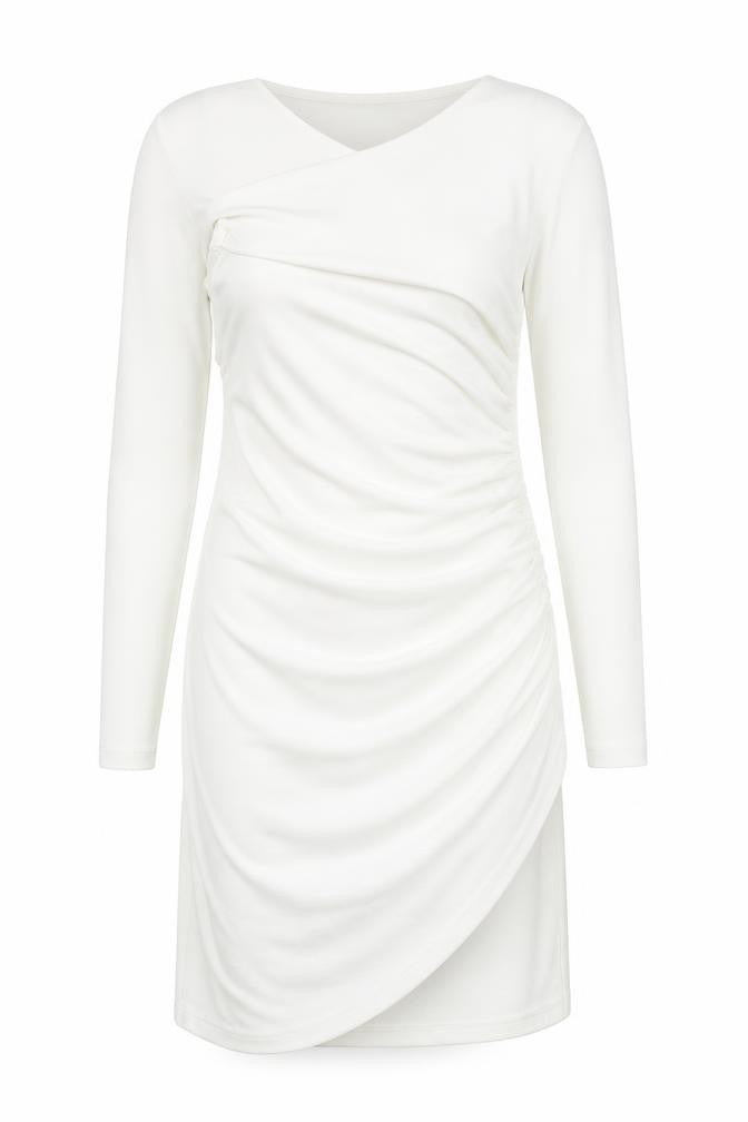 Front view of Zara women’s white polyester bodycon, size S, one shoulder zip