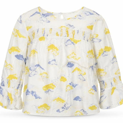 Savannah Miller Womens White Geometric Viscose Basic Blouse Size 14 Boat Neck - Cloud Print, Flute Sleeve