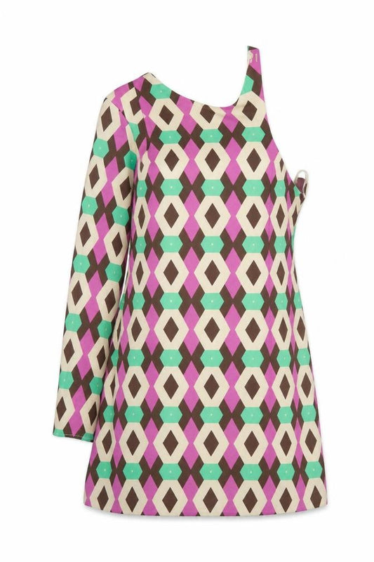 Front view of Zara women’s multicoloured geometric polyester a-line, size M, one shoulder button