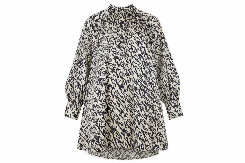 Front view of H&M women’s beige geometric polyester trapeze & swing, size M, mock neck button