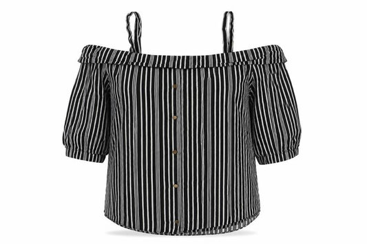 Front view of Selected women’s black striped viscose basic blouse, size UK 6, square neck