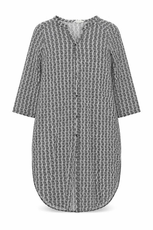 Front view of H&M women’s black geometric polyester basic button-up, size S, v-neck