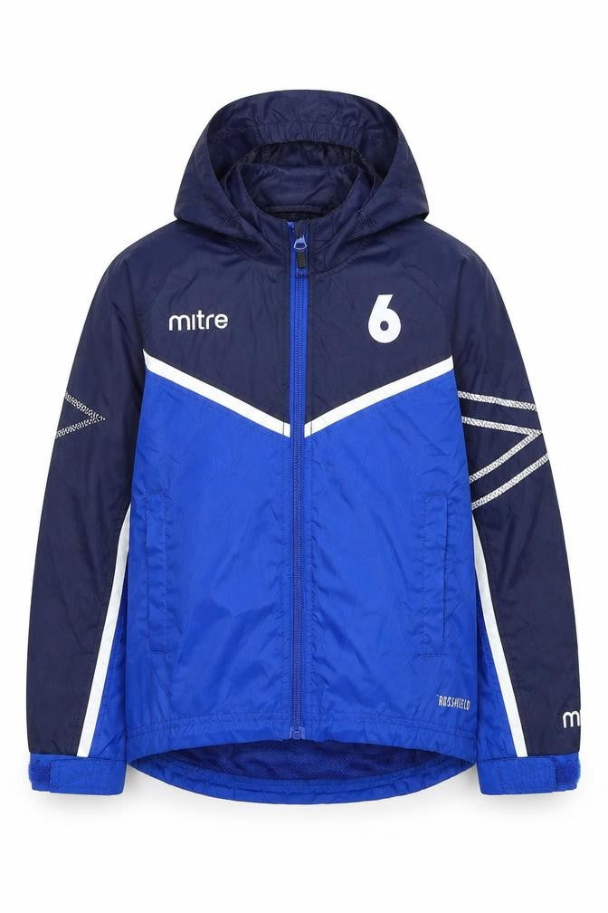 Front view of Mitre boys’ blue colourblock windbreaker jacket, size XS, zip