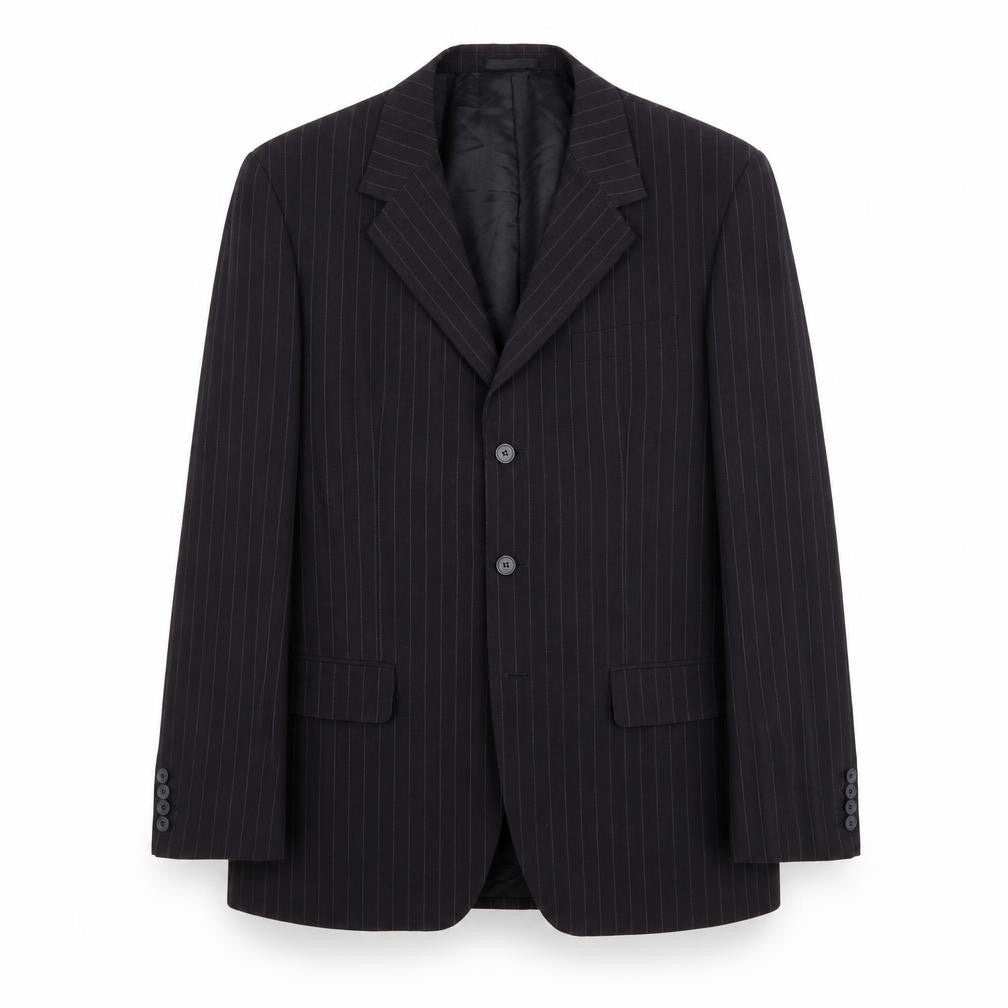 Front view of Butler & Webb men’s black striped polyester jacket blazer, size 44
