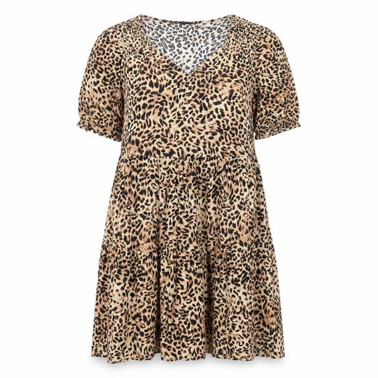 Front view of F&F women’s brown animal print viscose a-line, size UK 10, scoop neck pullover - leopard print