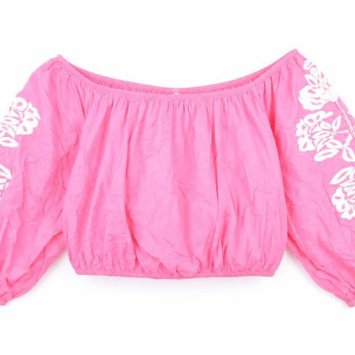 Marks and Spencer Womens Pink Geometric Cotton Cropped Blouse Size 20 Off the Shoulder - Flower detail on sleeves