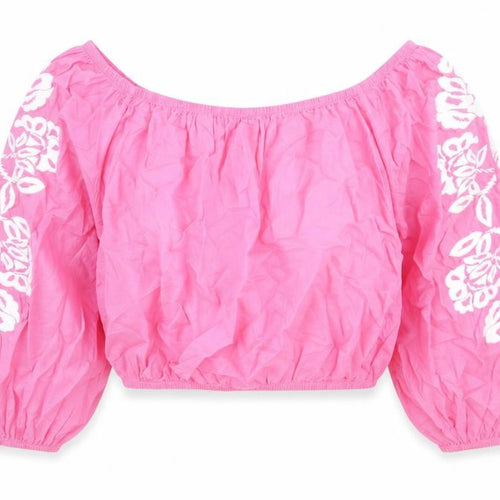 Marks and Spencer Womens Pink Geometric Cotton Cropped T-Shirt Size 14 Off the Shoulder - Flower detail on sleeves