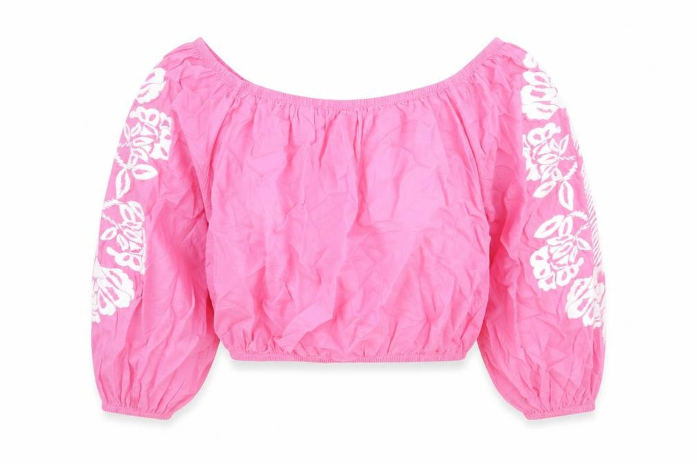 Marks and Spencer Womens Pink Geometric Cotton Cropped T-Shirt Size 14 Off the Shoulder - Flower detail on sleeves