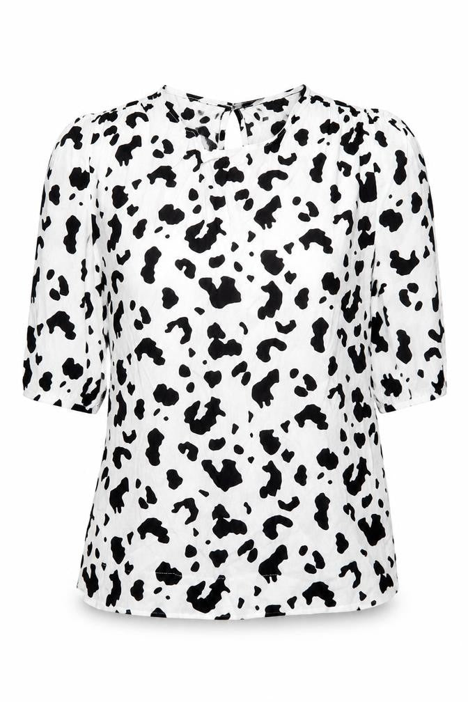 Front view of River Island women’s white geometric viscose basic blouse, size UK 10, round neck