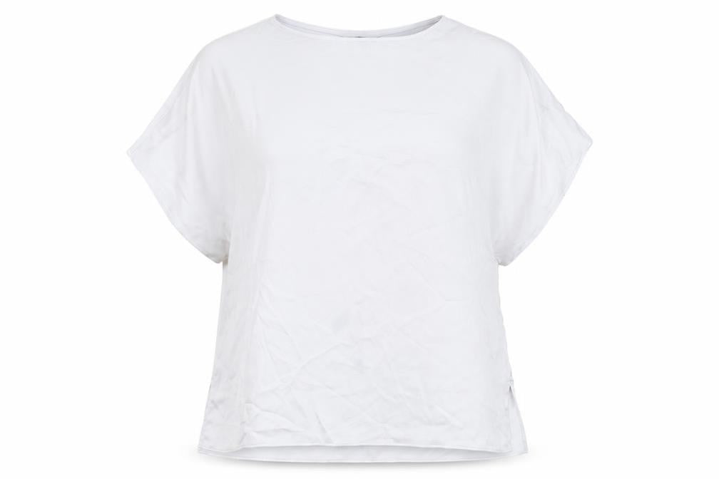 Front view of Marks & Spencer women’s grey viscose basic blouse, size UK 14, round neck