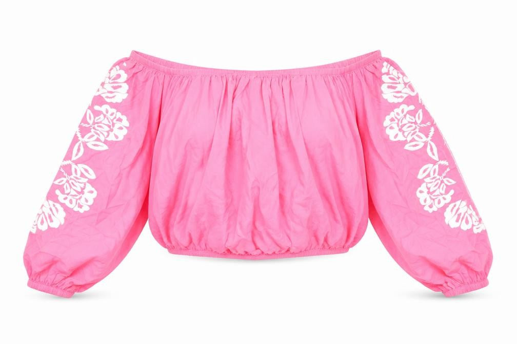 Marks and Spencer Womens Pink Cotton Cropped Blouse Size 18 Boat Neck - Flower Detail